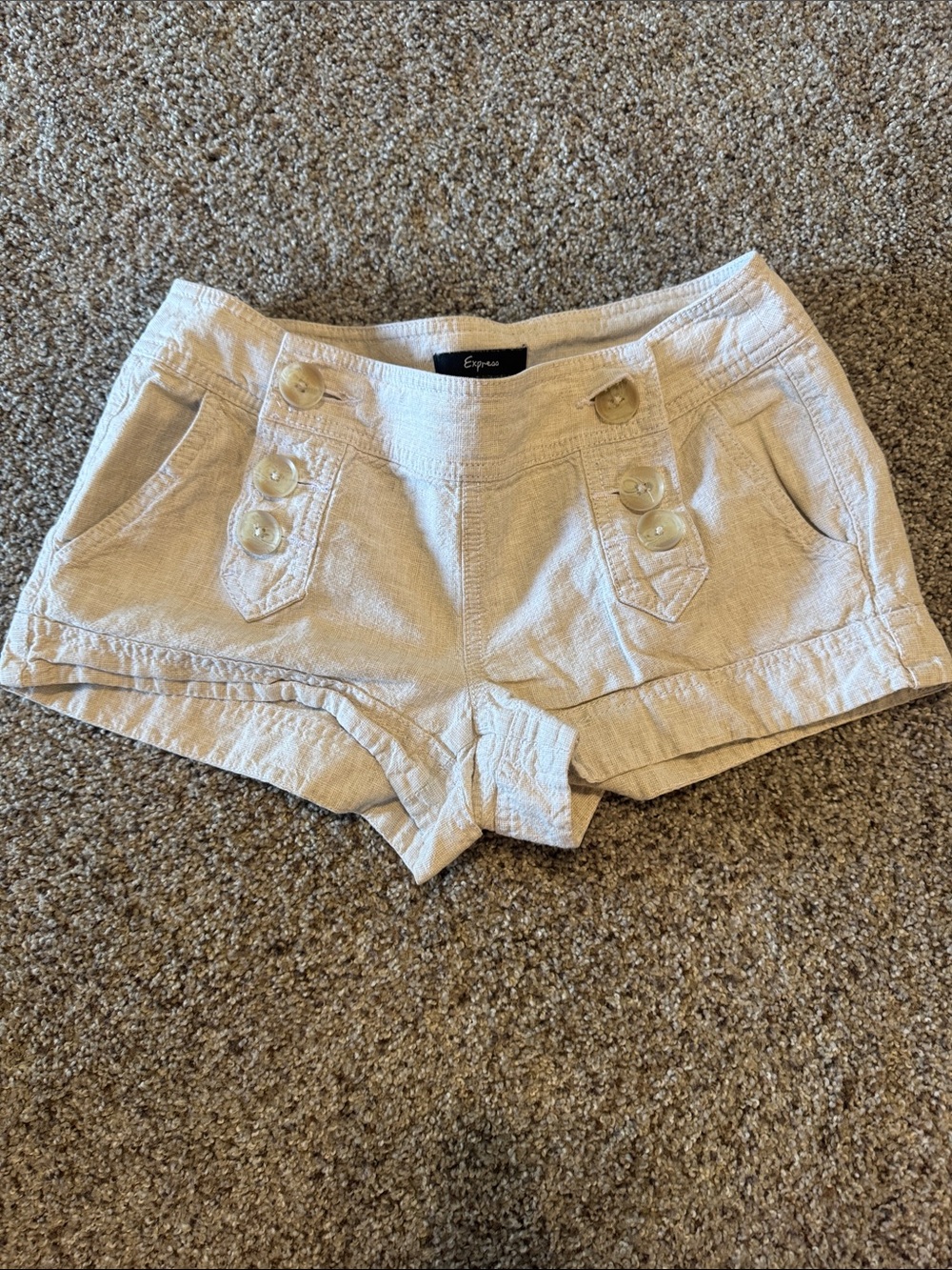Express Light Cream High-Waist Linen-Blend Shorts with Button Detail
